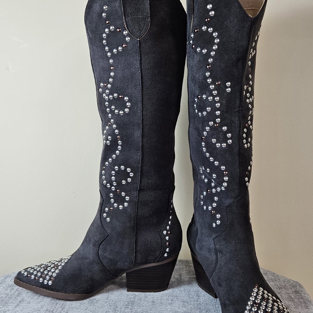 Studded Black Suede Knee-High Heeled Boots - Picture 2 of 12